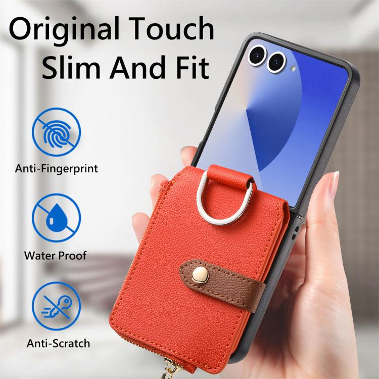 For Galaxy Z Flip7 5G Litchi Texture Ring Vertical Zipper Wallet Phone Case