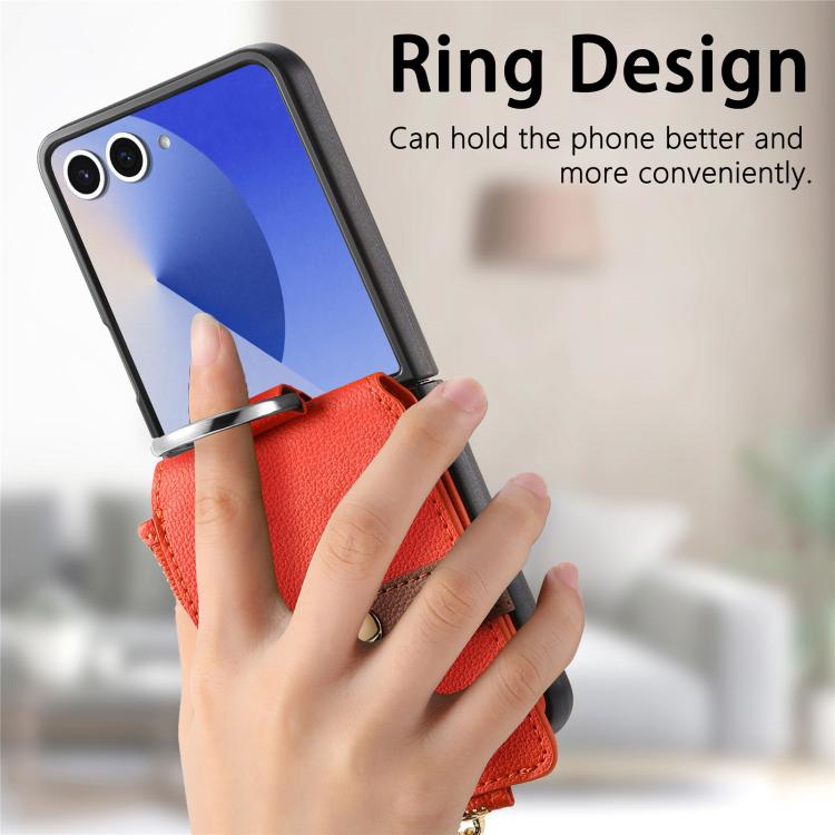 For Galaxy Z Flip7 5G Litchi Texture Ring Vertical Zipper Wallet Phone Case