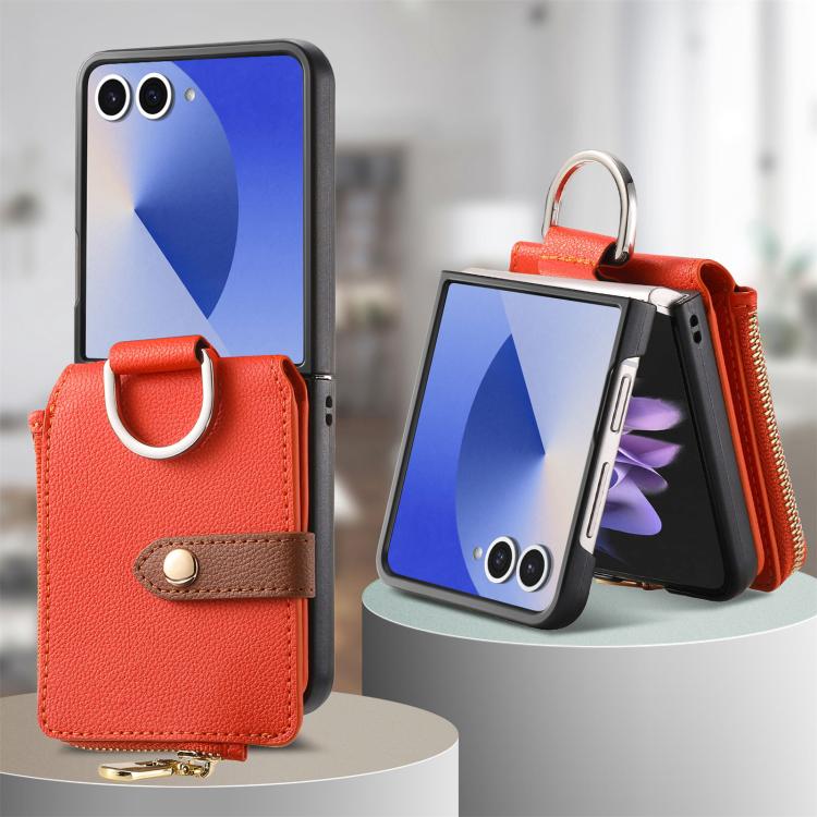 For Galaxy Z Flip7 5G Litchi Texture Ring Vertical Zipper Wallet Phone Case