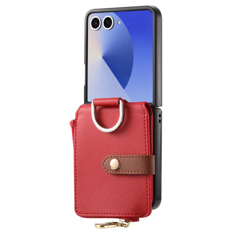 For Galaxy Z Flip7 5G Litchi Texture Ring Vertical Zipper Wallet Phone Case
