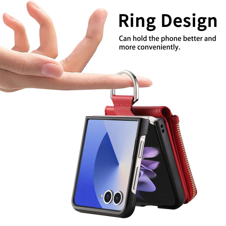 For Galaxy Z Flip7 5G Litchi Texture Ring Vertical Zipper Wallet Phone Case