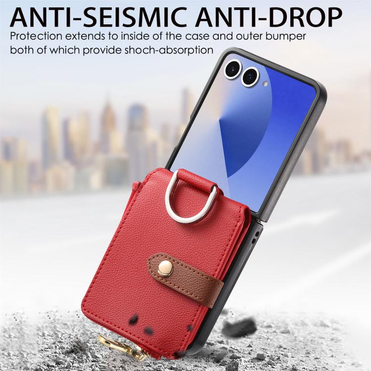 For Galaxy Z Flip7 5G Litchi Texture Ring Vertical Zipper Wallet Phone Case