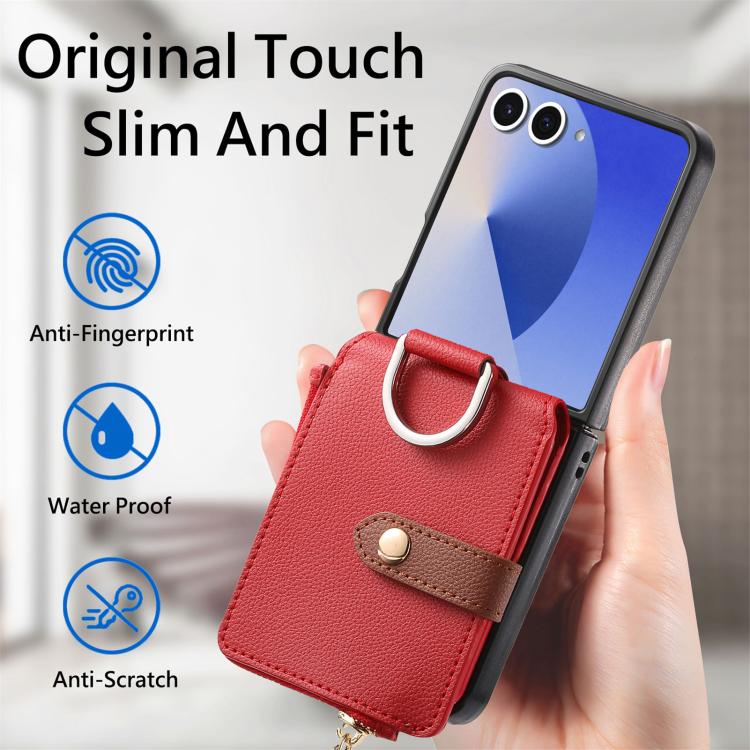 For Galaxy Z Flip7 5G Litchi Texture Ring Vertical Zipper Wallet Phone Case