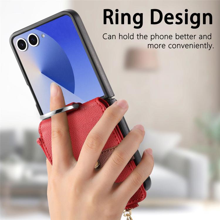 For Galaxy Z Flip7 5G Litchi Texture Ring Vertical Zipper Wallet Phone Case