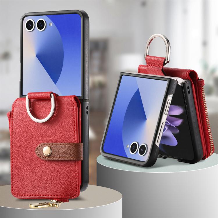 For Galaxy Z Flip7 5G Litchi Texture Ring Vertical Zipper Wallet Phone Case