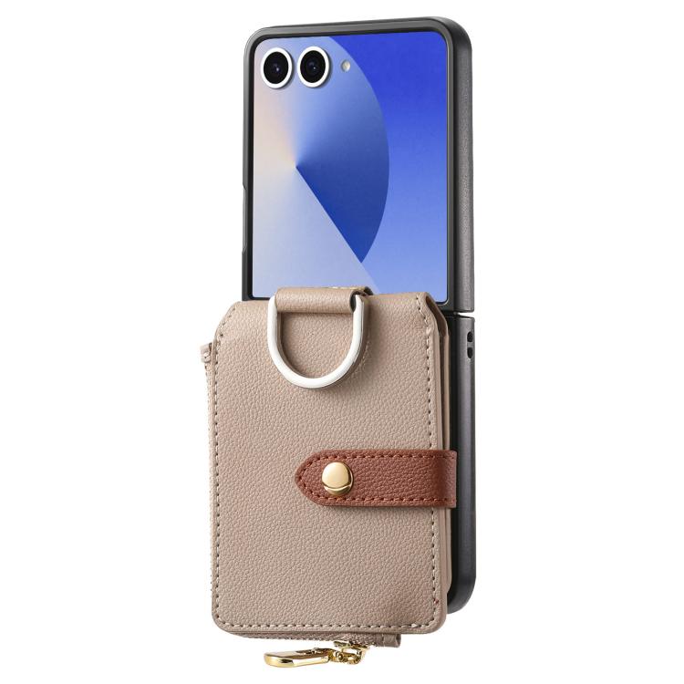 For Galaxy Z Flip7 5G Litchi Texture Ring Vertical Zipper Wallet Phone Case