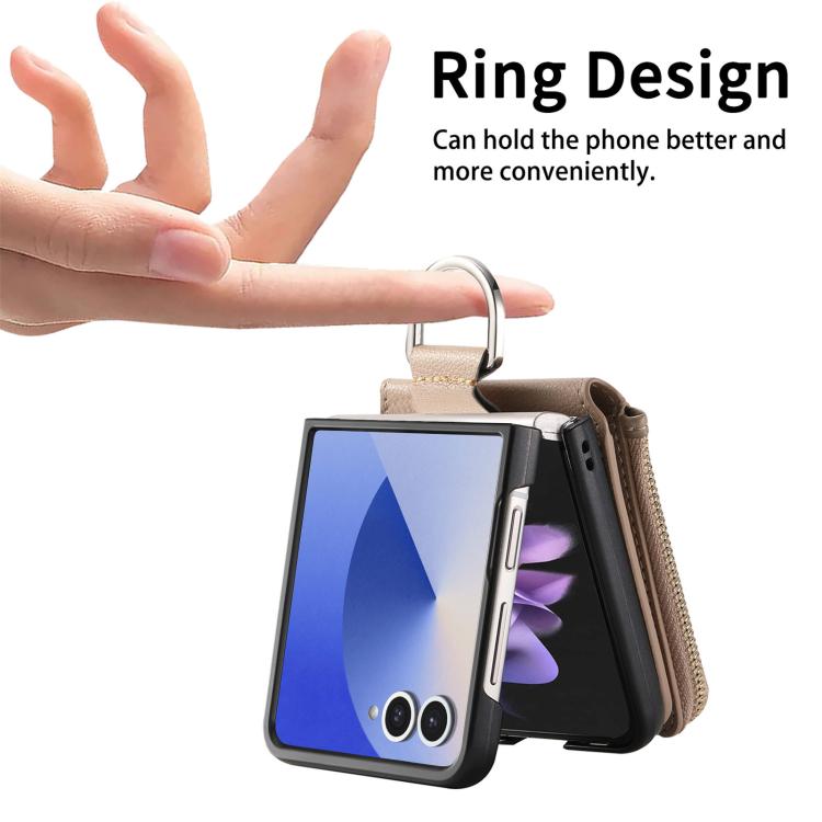 For Galaxy Z Flip7 5G Litchi Texture Ring Vertical Zipper Wallet Phone Case