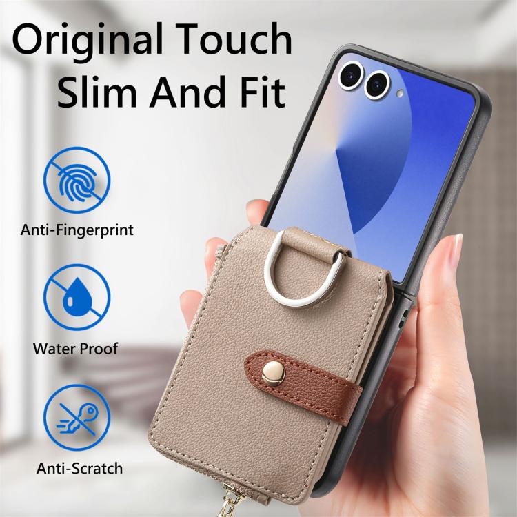 For Galaxy Z Flip7 5G Litchi Texture Ring Vertical Zipper Wallet Phone Case