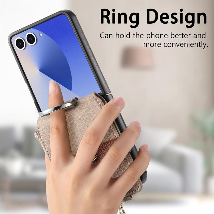 For Galaxy Z Flip7 5G Litchi Texture Ring Vertical Zipper Wallet Phone Case