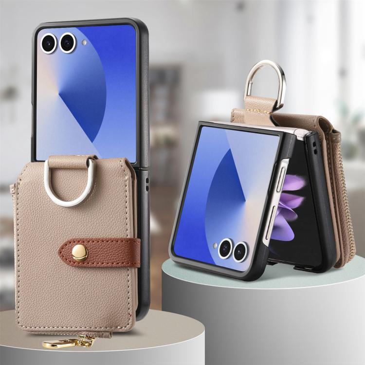 For Galaxy Z Flip7 5G Litchi Texture Ring Vertical Zipper Wallet Phone Case