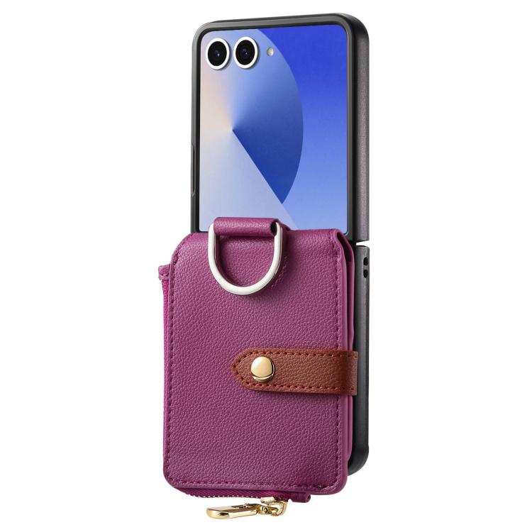 For Galaxy Z Flip7 5G Litchi Texture Ring Vertical Zipper Wallet Phone Case