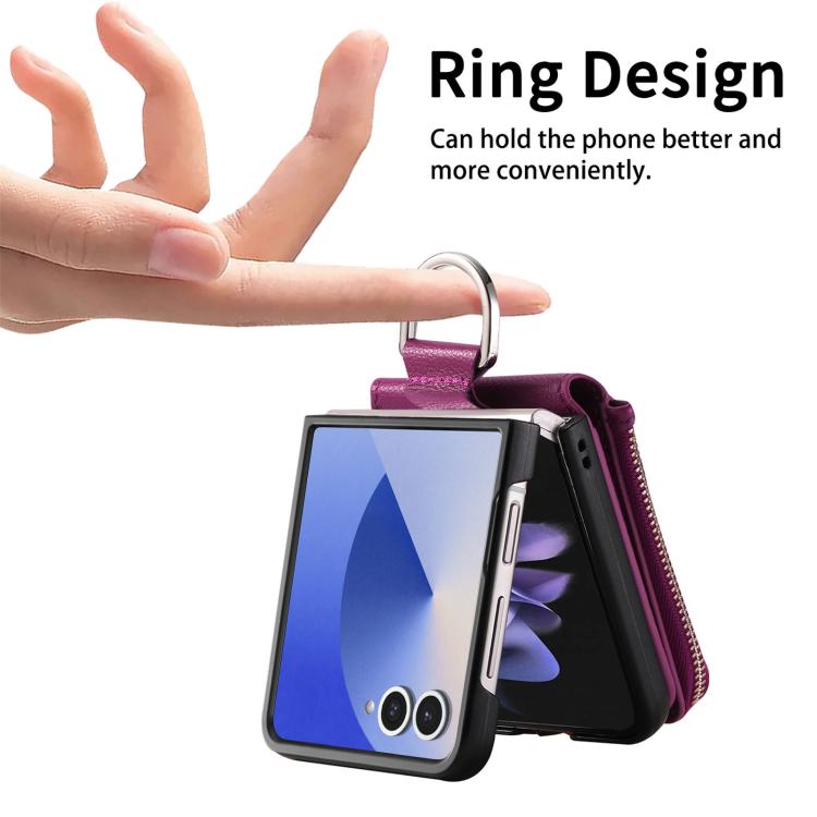 For Galaxy Z Flip7 5G Litchi Texture Ring Vertical Zipper Wallet Phone Case