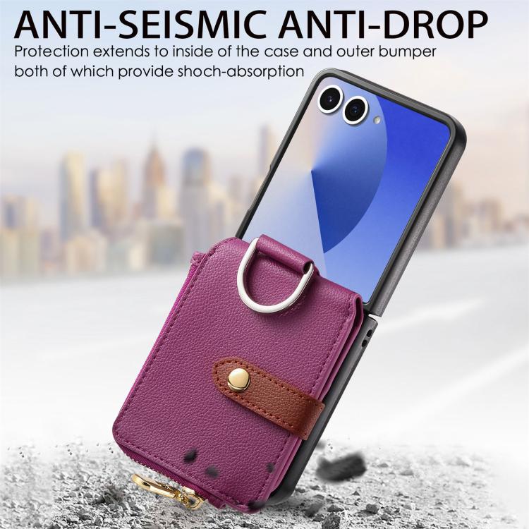For Galaxy Z Flip7 5G Litchi Texture Ring Vertical Zipper Wallet Phone Case