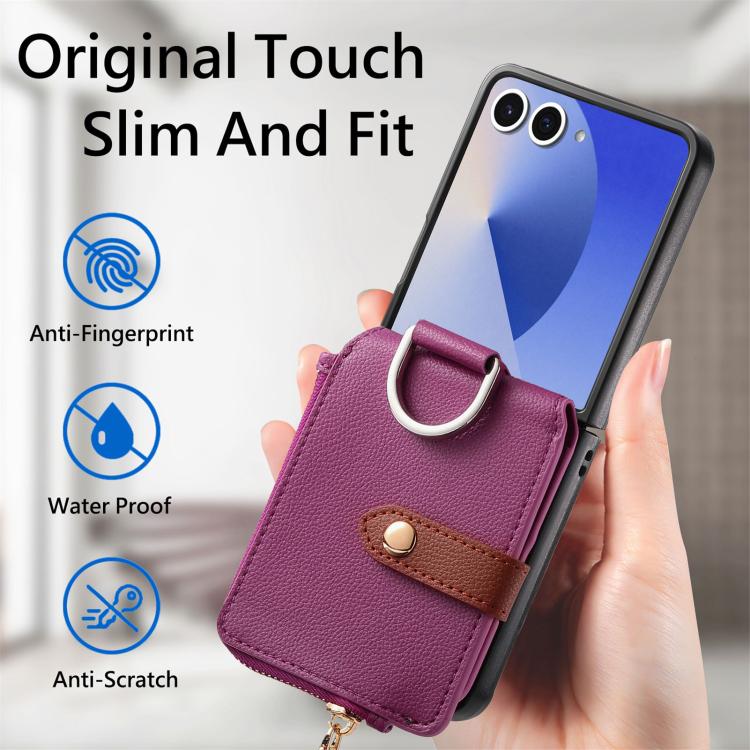 For Galaxy Z Flip7 5G Litchi Texture Ring Vertical Zipper Wallet Phone Case