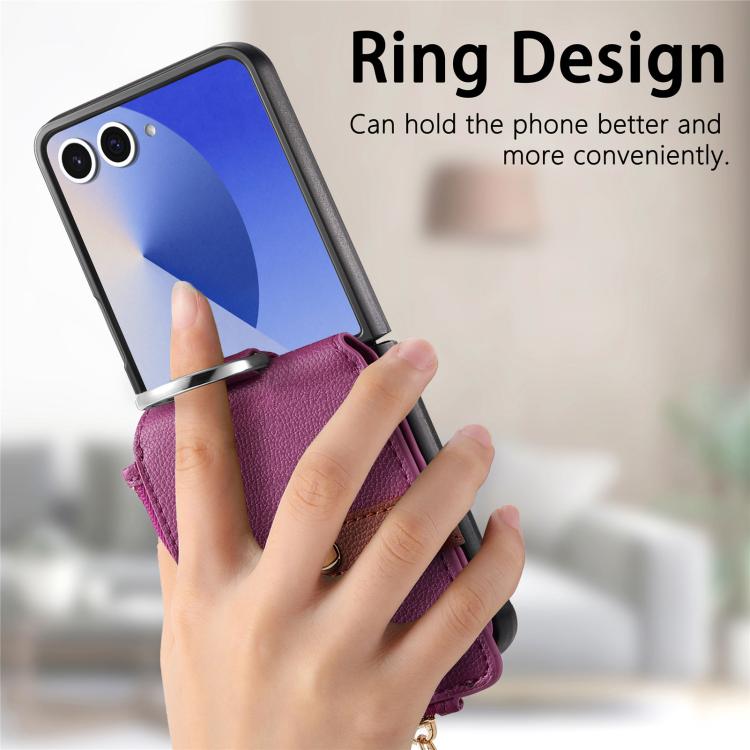 For Galaxy Z Flip7 5G Litchi Texture Ring Vertical Zipper Wallet Phone Case