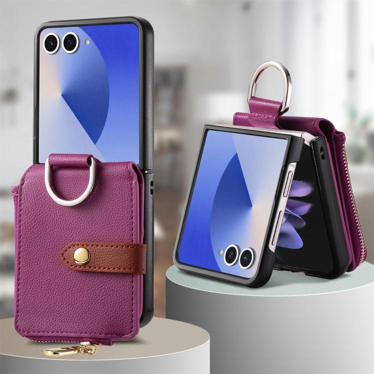 For Galaxy Z Flip7 5G Litchi Texture Ring Vertical Zipper Wallet Phone Case