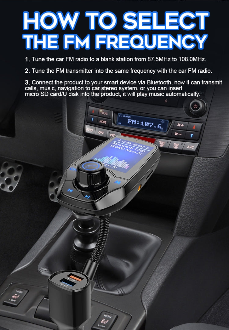T26D Car Bluetooth Hands-Free Car Mp3 Color large Screen FM Transmitter QC3.0 Fast Charge Car Bluetooth Mp3(Black)