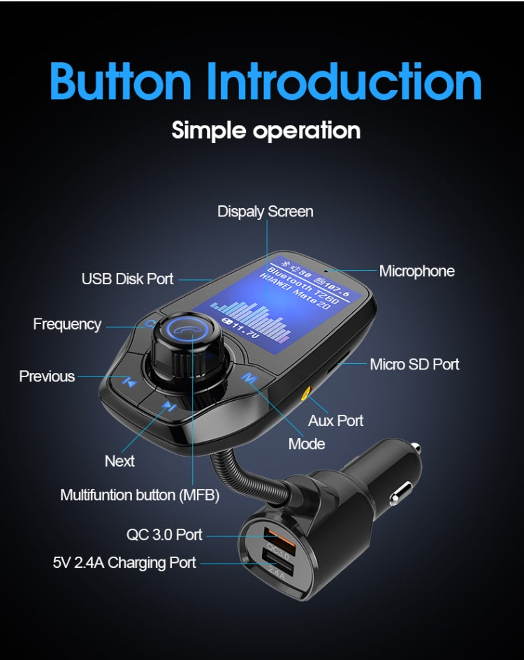 T26D Car Bluetooth Hands-Free Car Mp3 Color large Screen FM Transmitter QC3.0 Fast Charge Car Bluetooth Mp3(Black)