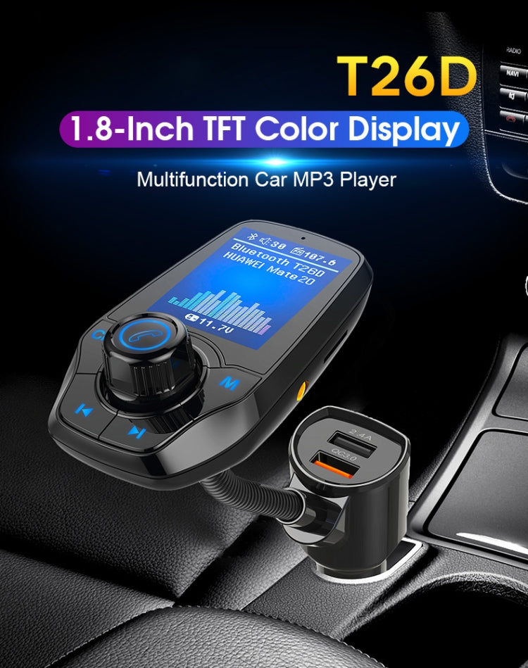 T26D Car Bluetooth Hands-Free Car Mp3 Color large Screen FM Transmitter QC3.0 Fast Charge Car Bluetooth Mp3(Black)