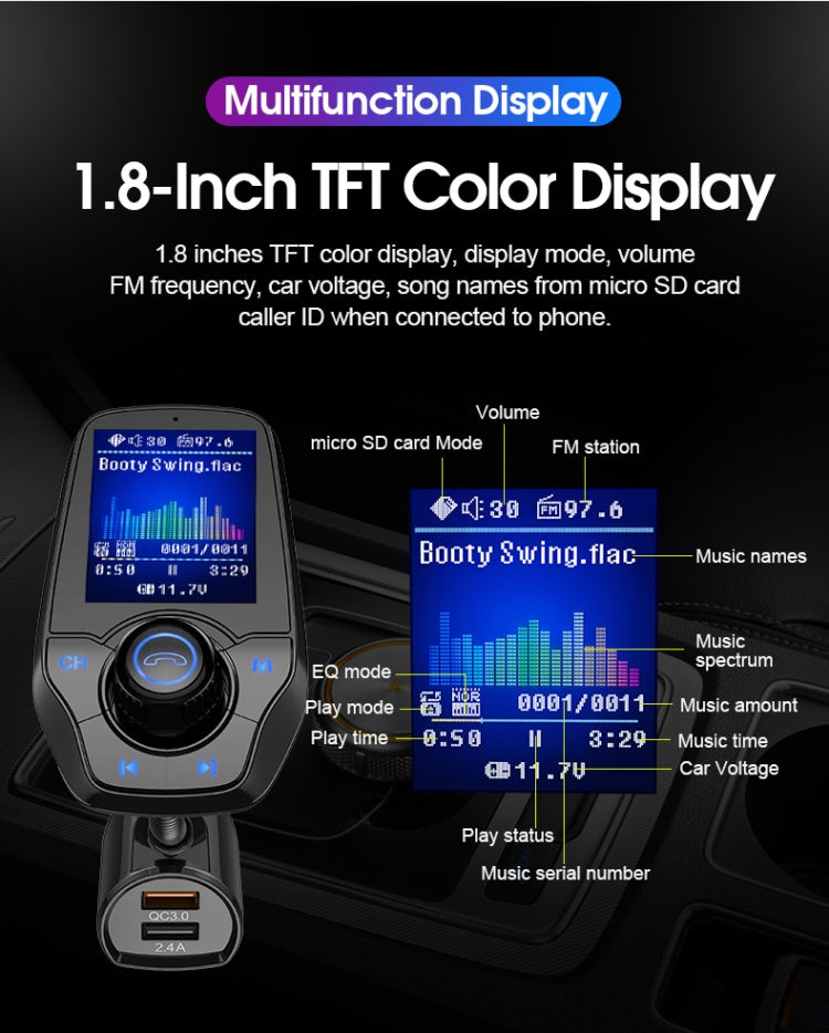 T26D Car Bluetooth Hands-Free Car Mp3 Color large Screen FM Transmitter QC3.0 Fast Charge Car Bluetooth Mp3(Black)