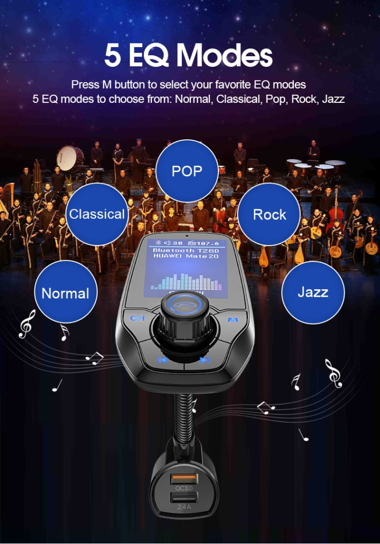T26D Car Bluetooth Hands-Free Car Mp3 Color large Screen FM Transmitter QC3.0 Fast Charge Car Bluetooth Mp3(Black)