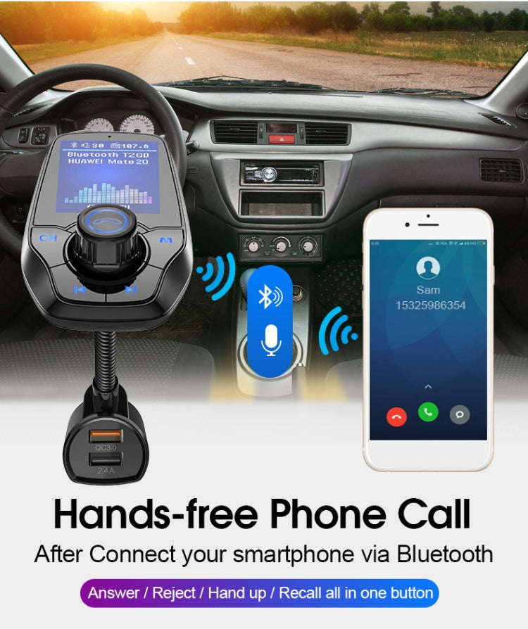 T26D Car Bluetooth Hands-Free Car Mp3 Color large Screen FM Transmitter QC3.0 Fast Charge Car Bluetooth Mp3(Black)