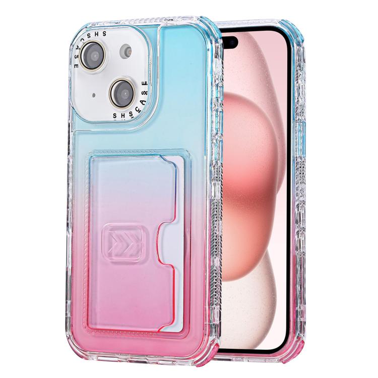 For iPhone 15 Gradient 3-in-1 Card Bag TPU Shockproof Phone Case
