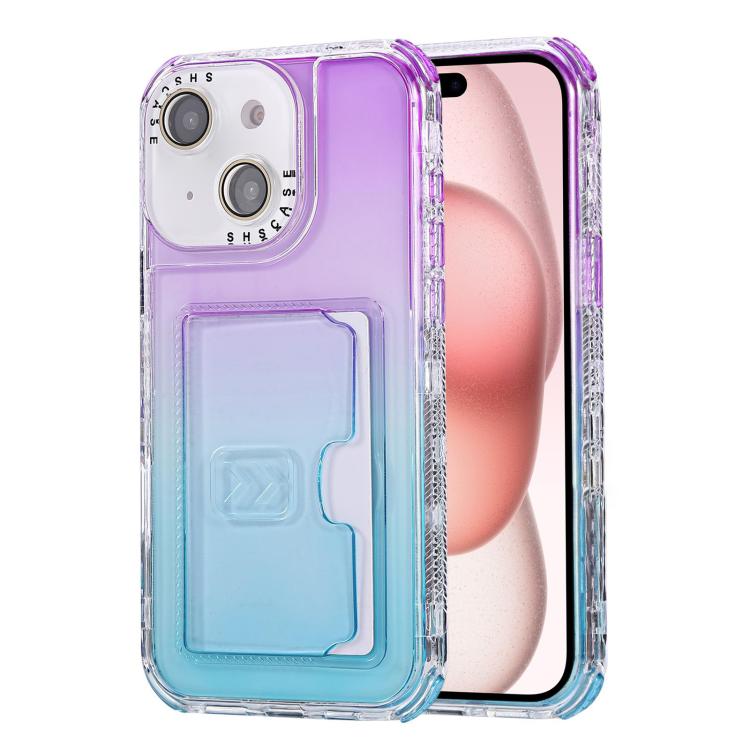 For iPhone 15 Plus Gradient 3-in-1 Card Bag TPU Shockproof Phone Case