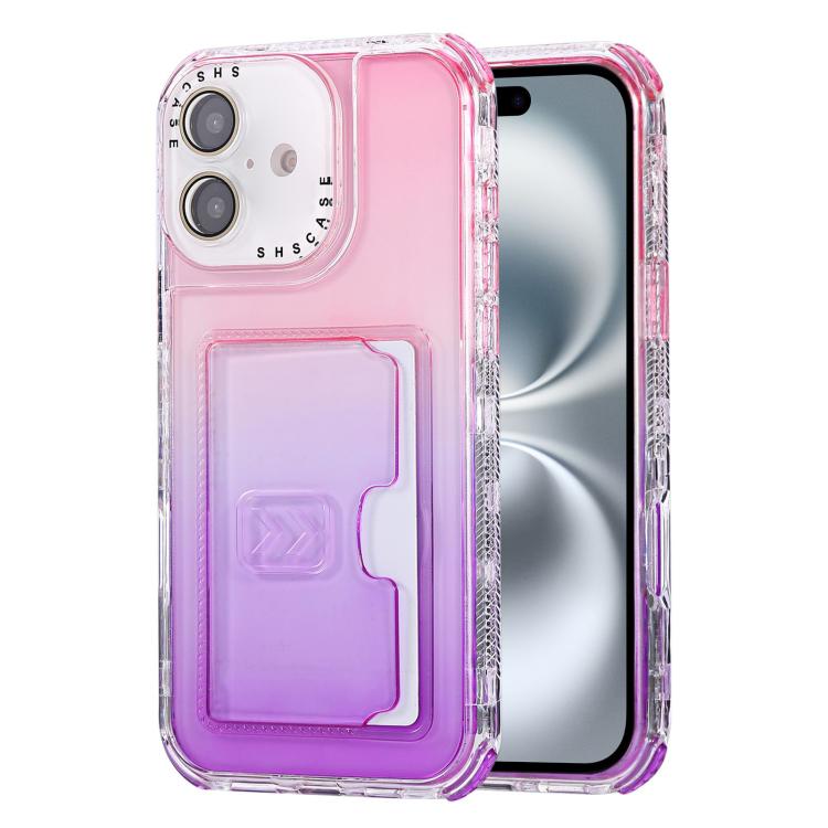 For iPhone 16 Gradient 3-in-1 Card Bag TPU Shockproof Phone Case