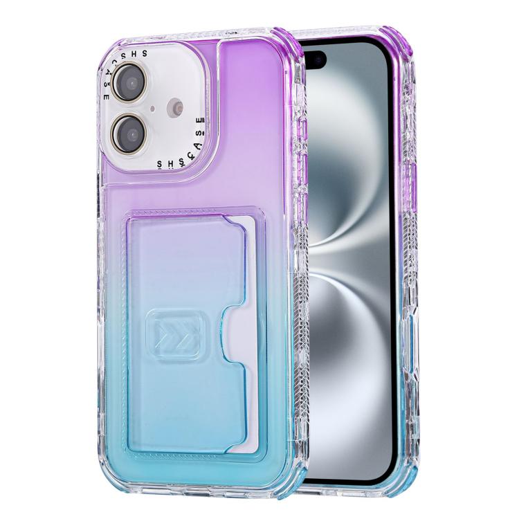 For iPhone 16 Gradient 3-in-1 Card Bag TPU Shockproof Phone Case