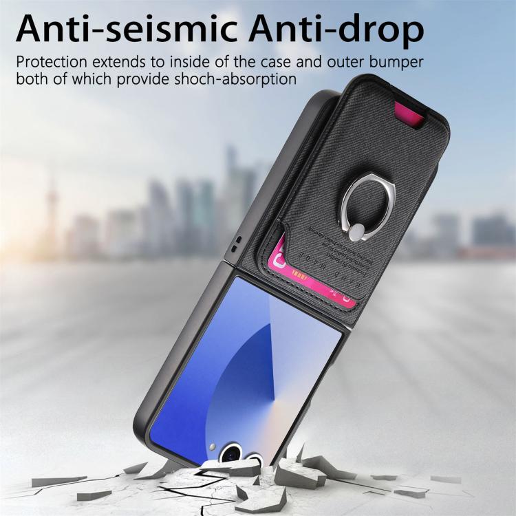 For Samsung Galaxy Z Flip7 5G Twill Fabric Card Bag Ring Magnetic Back Phone Case