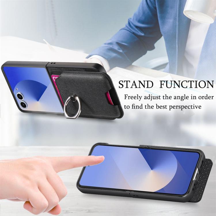 For Samsung Galaxy Z Flip7 5G Twill Fabric Card Bag Ring Magnetic Back Phone Case