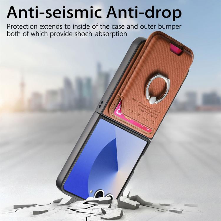For Samsung Galaxy Z Flip7 5G Twill Fabric Card Bag Ring Magnetic Back Phone Case