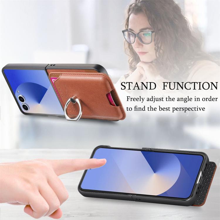 For Samsung Galaxy Z Flip7 5G Twill Fabric Card Bag Ring Magnetic Back Phone Case