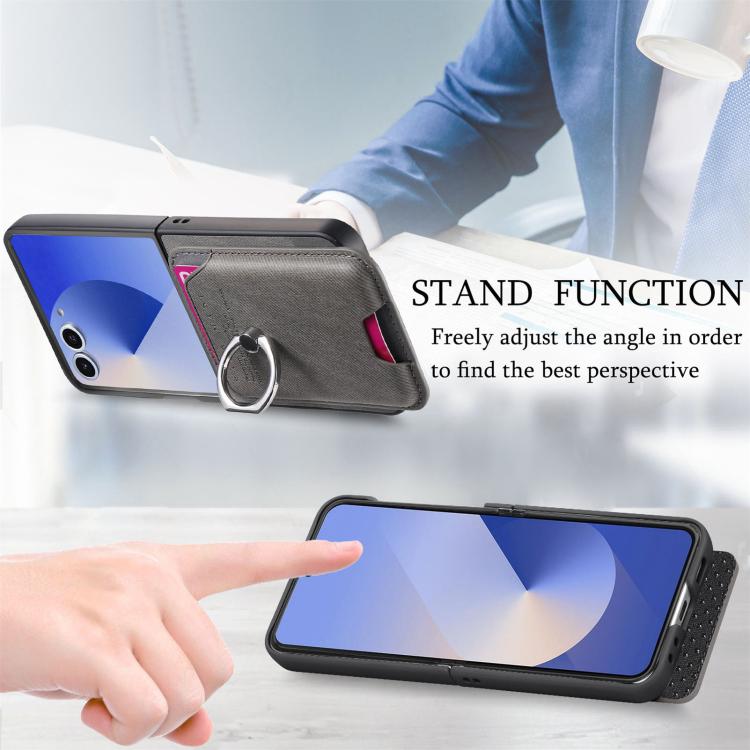 For Samsung Galaxy Z Flip7 5G Twill Fabric Card Bag Ring Magnetic Back Phone Case
