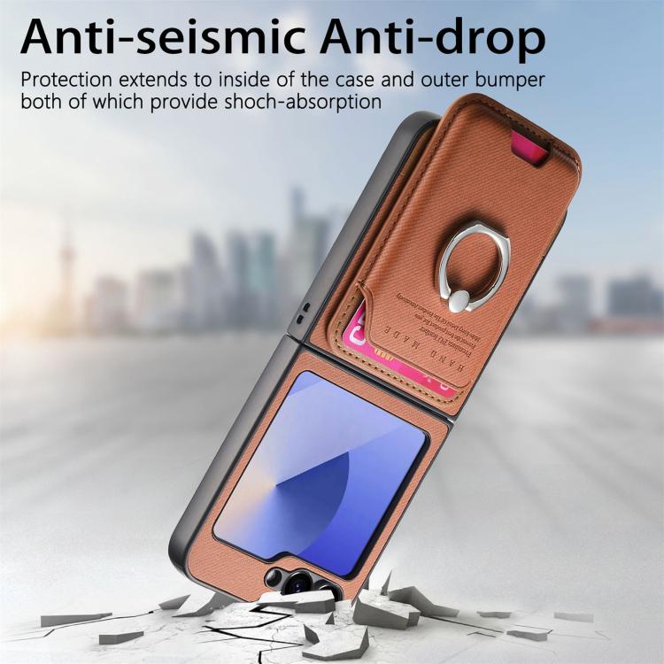 For Samsung Galaxy Z Flip6 / Flip7 FE Twill Fabric Card Bag Ring Magnetic Back Phone Case