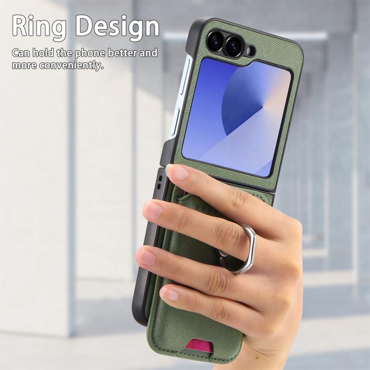 For Samsung Galaxy Z Flip6 / Flip7 FE Twill Fabric Card Bag Ring Magnetic Back Phone Case