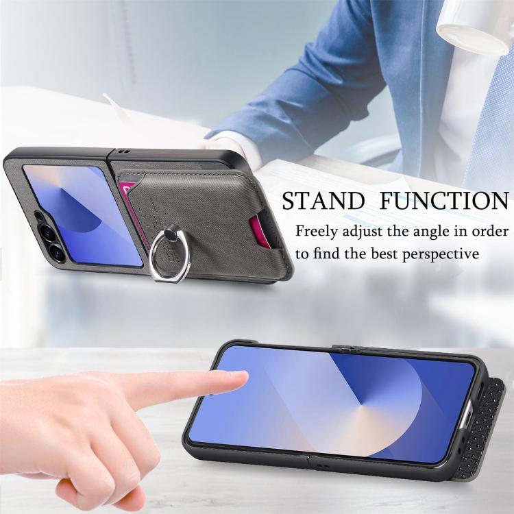 For Samsung Galaxy Z Flip6 / Flip7 FE Twill Fabric Card Bag Ring Magnetic Back Phone Case