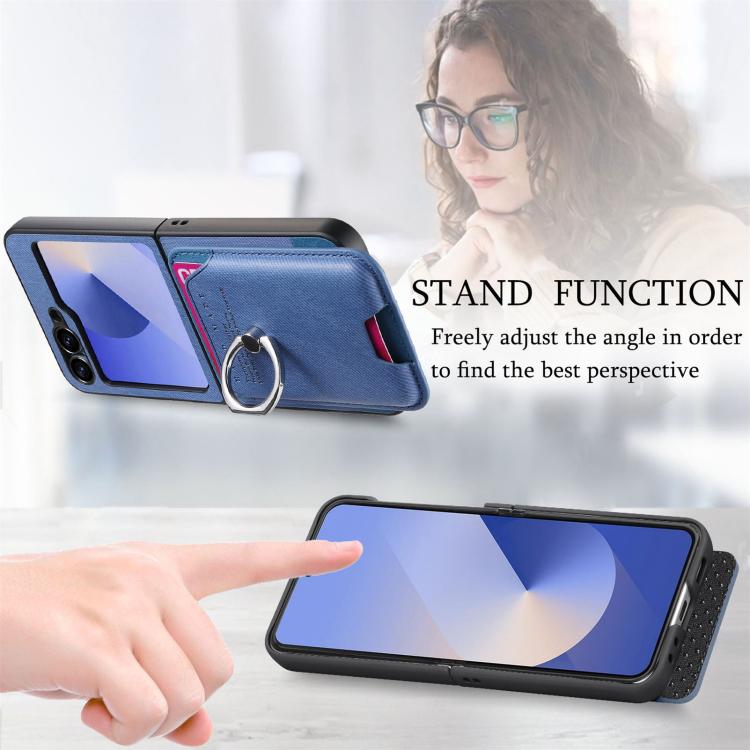 For Samsung Galaxy Z Flip6 / Flip7 FE Twill Fabric Card Bag Ring Magnetic Back Phone Case