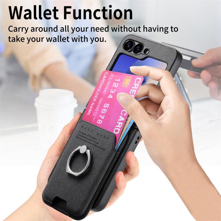 For Samsung Galaxy Z Flip5 5G Twill Fabric Card Bag Ring Magnetic Back Phone Case