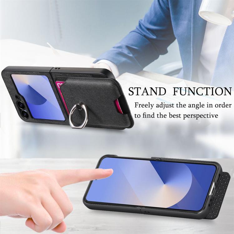 For Samsung Galaxy Z Flip5 5G Twill Fabric Card Bag Ring Magnetic Back Phone Case