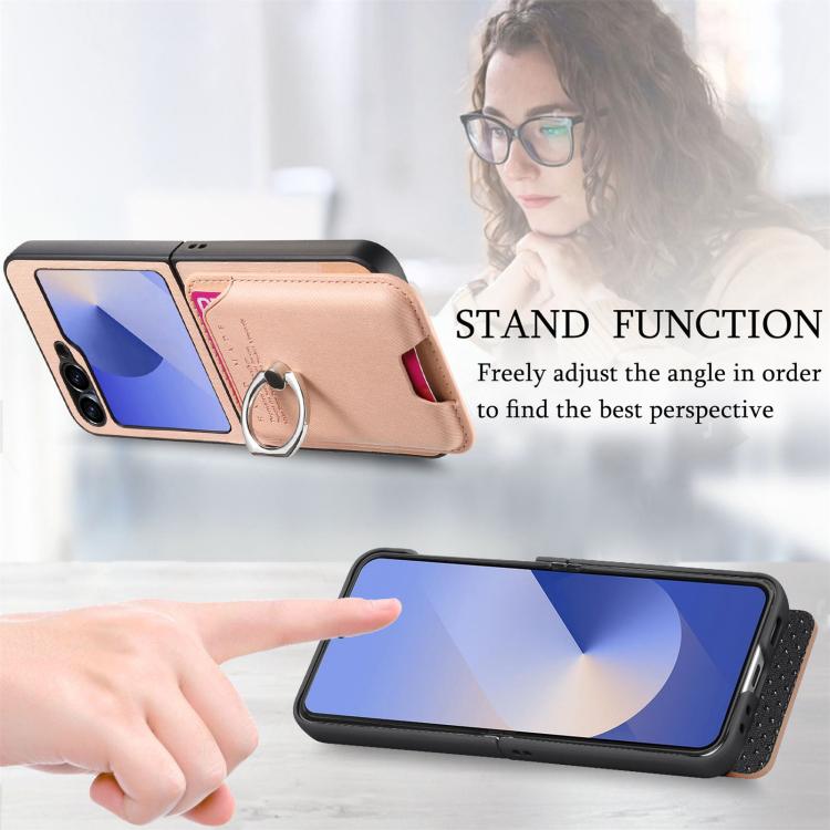 For Samsung Galaxy Z Flip5 5G Twill Fabric Card Bag Ring Magnetic Back Phone Case