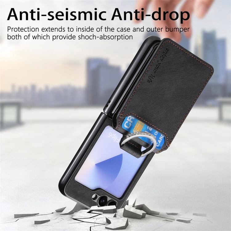 For Galaxy Z Flip5 5G Retro Leather Ring Vertical Flip Wallet Phone Case