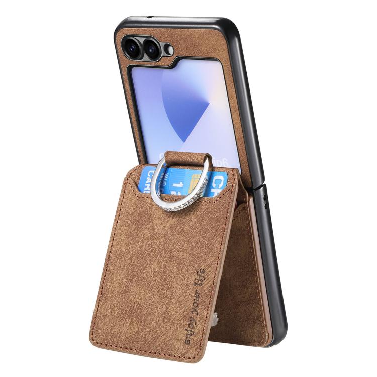 For Galaxy Z Flip5 5G Retro Leather Ring Vertical Flip Wallet Phone Case