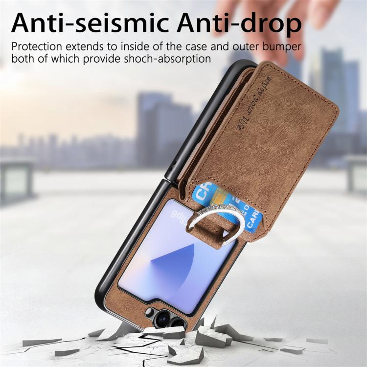 For Galaxy Z Flip5 5G Retro Leather Ring Vertical Flip Wallet Phone Case