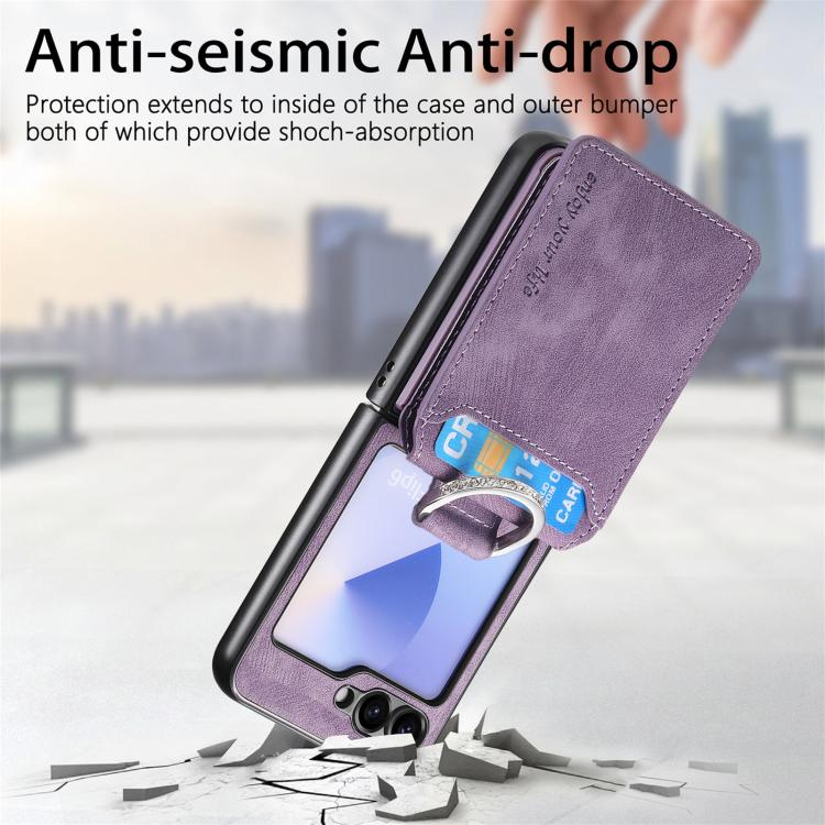 For Galaxy Z Flip5 5G Retro Leather Ring Vertical Flip Wallet Phone Case