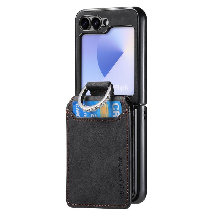 For Galaxy Z Flip6 5G Retro Leather Ring Vertical Flip Wallet Phone Case