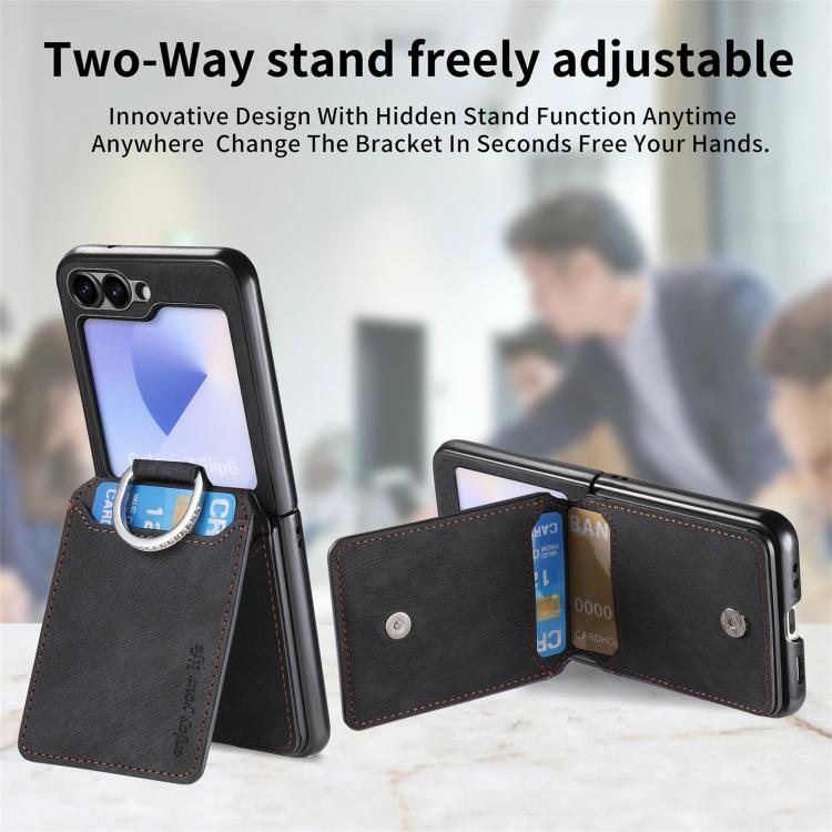 For Galaxy Z Flip6 5G Retro Leather Ring Vertical Flip Wallet Phone Case