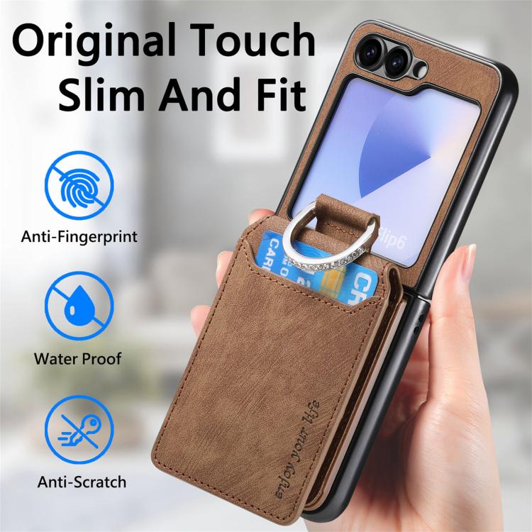 For Galaxy Z Flip6 5G Retro Leather Ring Vertical Flip Wallet Phone Case