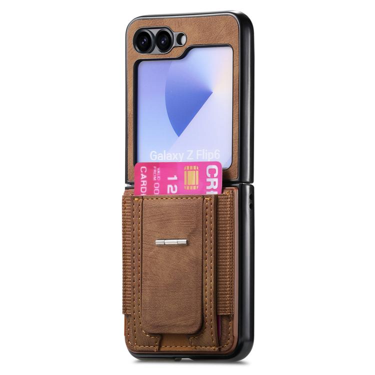For Galaxy Z Flip5 5G Retro Leather Fold Stand Elastic Card Bag Phone Case